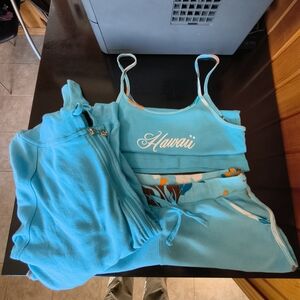 Hawaii Script Crop Tank, Shorts & Hoodie Set - Turquoise